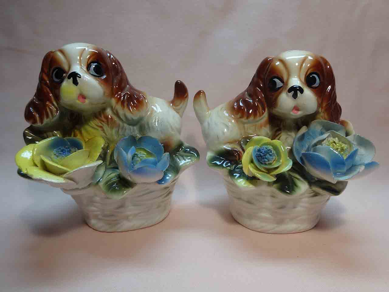 Animals in flower baskets salt and pepper shakers - dogs