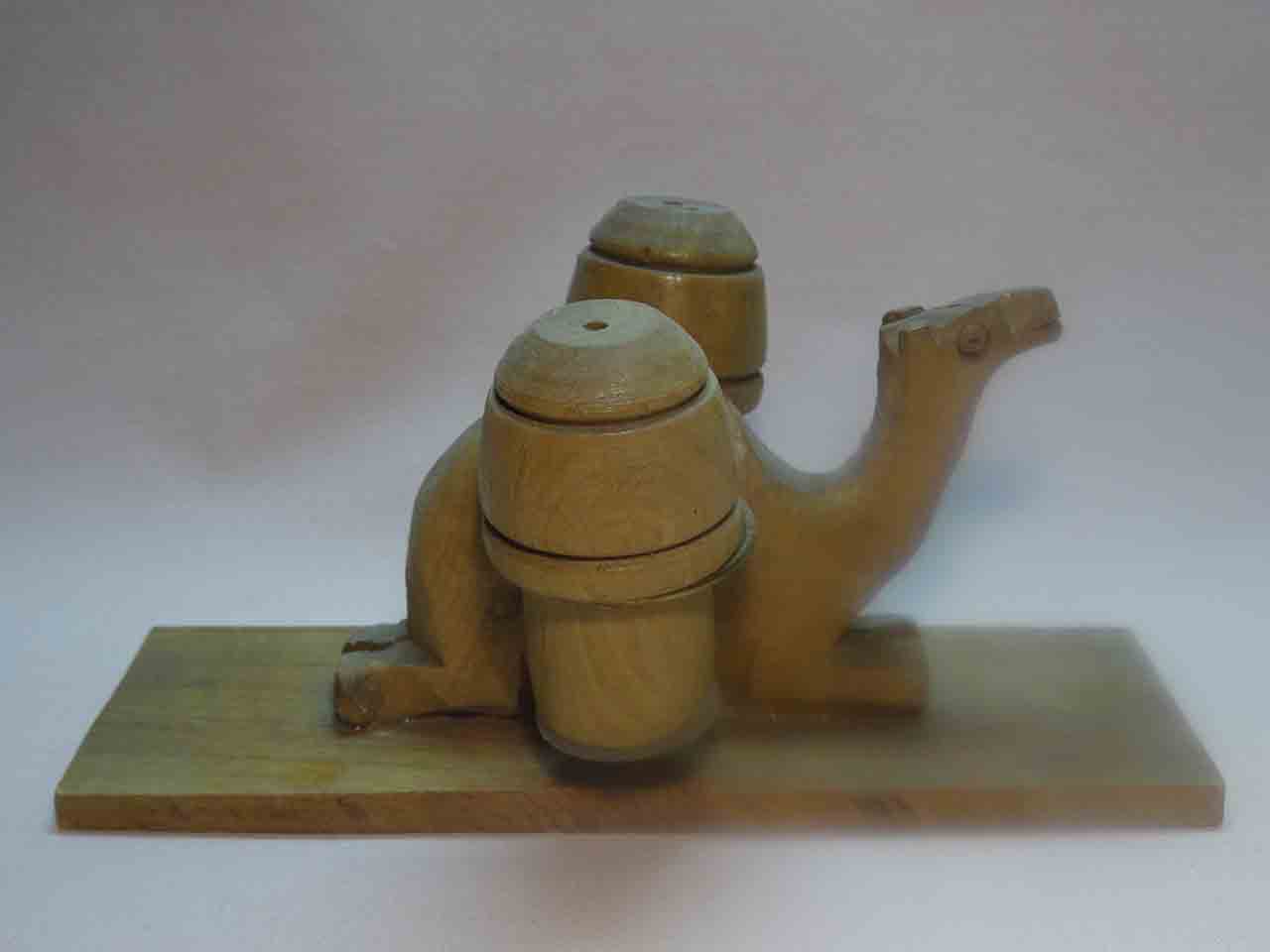 Wood camel carrier salt and pepper shakers