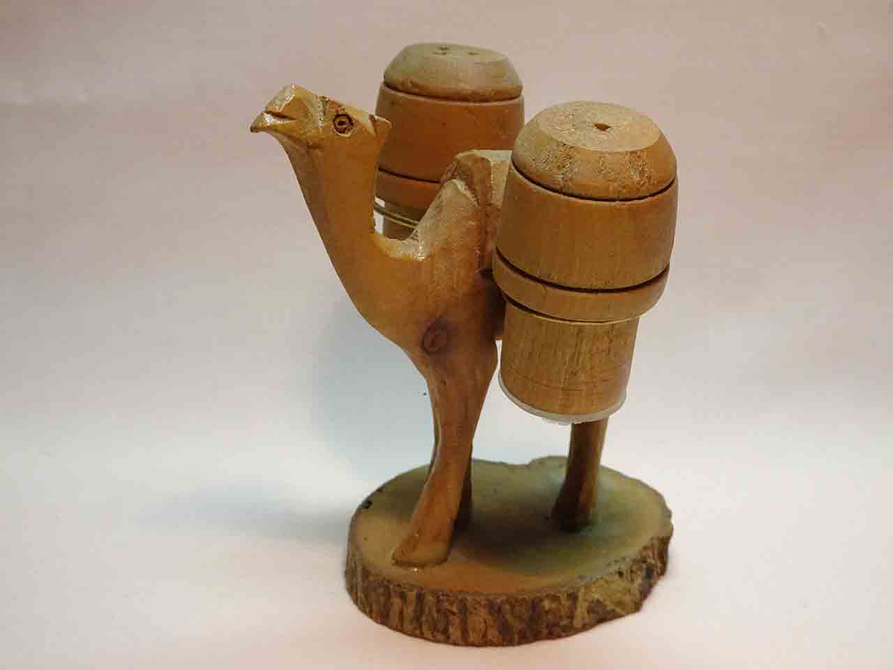 Wood camel carrier salt and pepper shakers