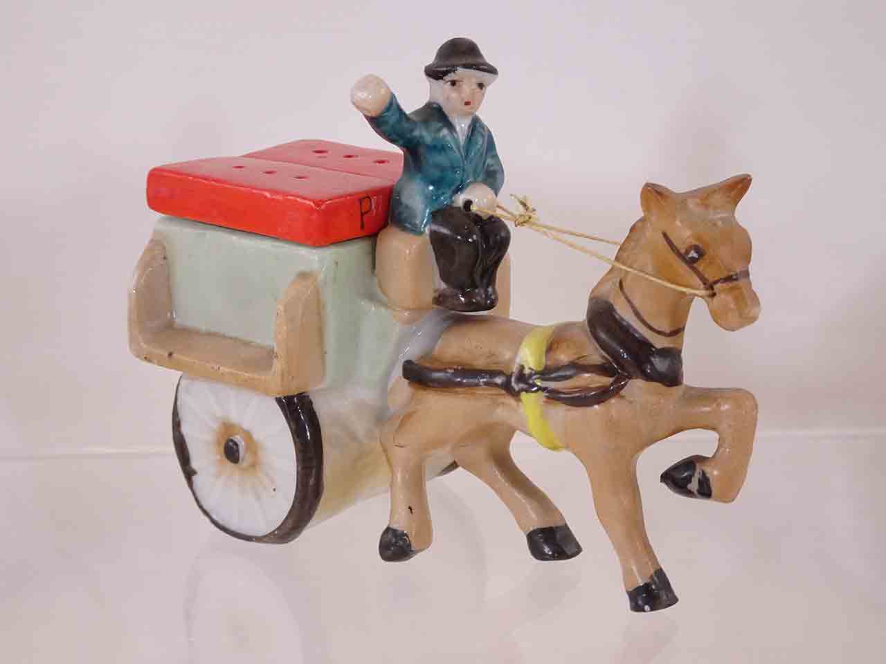 Horse pulling wagon / cart with man - carrier - salt and pepper shaker