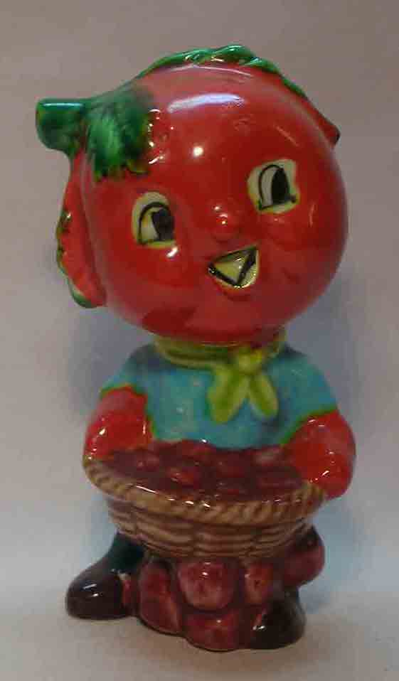 Anthropomorphic vegetable farmers salt and pepper shakers called "Country Cousins" - tomato