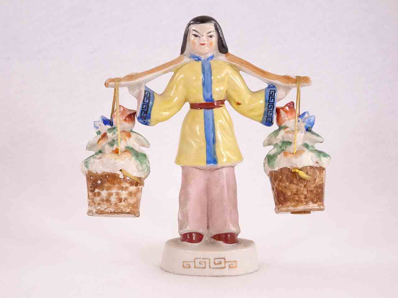 Occupied Japan Japanese Asian girl carrying flowers - hanger salt and pepper shakers