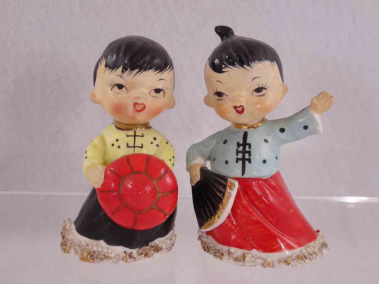 Enesco Japanese Girls with Gold Spaghetti Like Trim