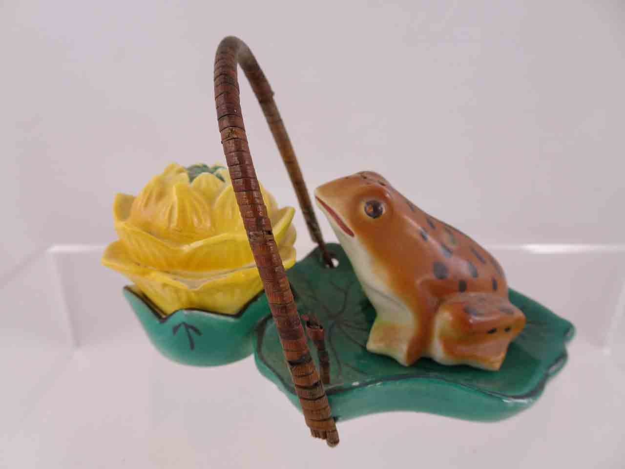 Frog with flower on lily pad with wicker handle salt and pepper shakers