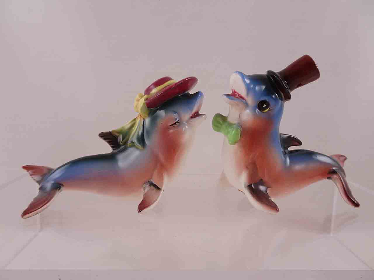 Japan slender fish couple wearing hats salt and pepper shakers - dolphins