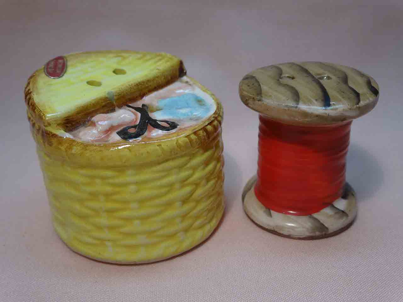 Enesco Seven Days of the Week salt and pepper shakers series - Wednesday sewing day - spool of thread and sewing basket