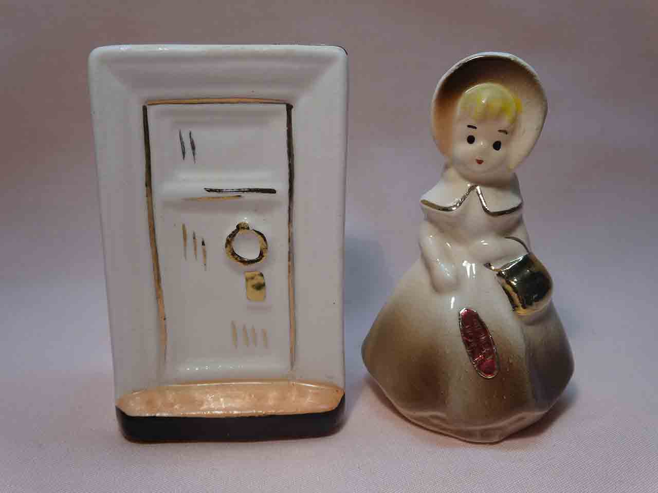 Enesco Seven Days of the Week salt and pepper shakers series - Visiting day - girl and house door