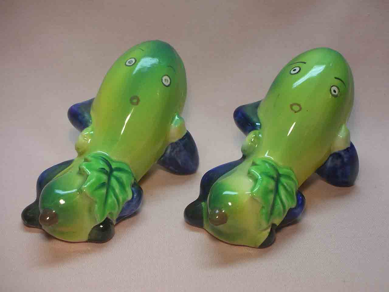 Teenie Weenie series of anthropomorphic mixed vegetables and fruit salt and pepper shakers - cucumbers