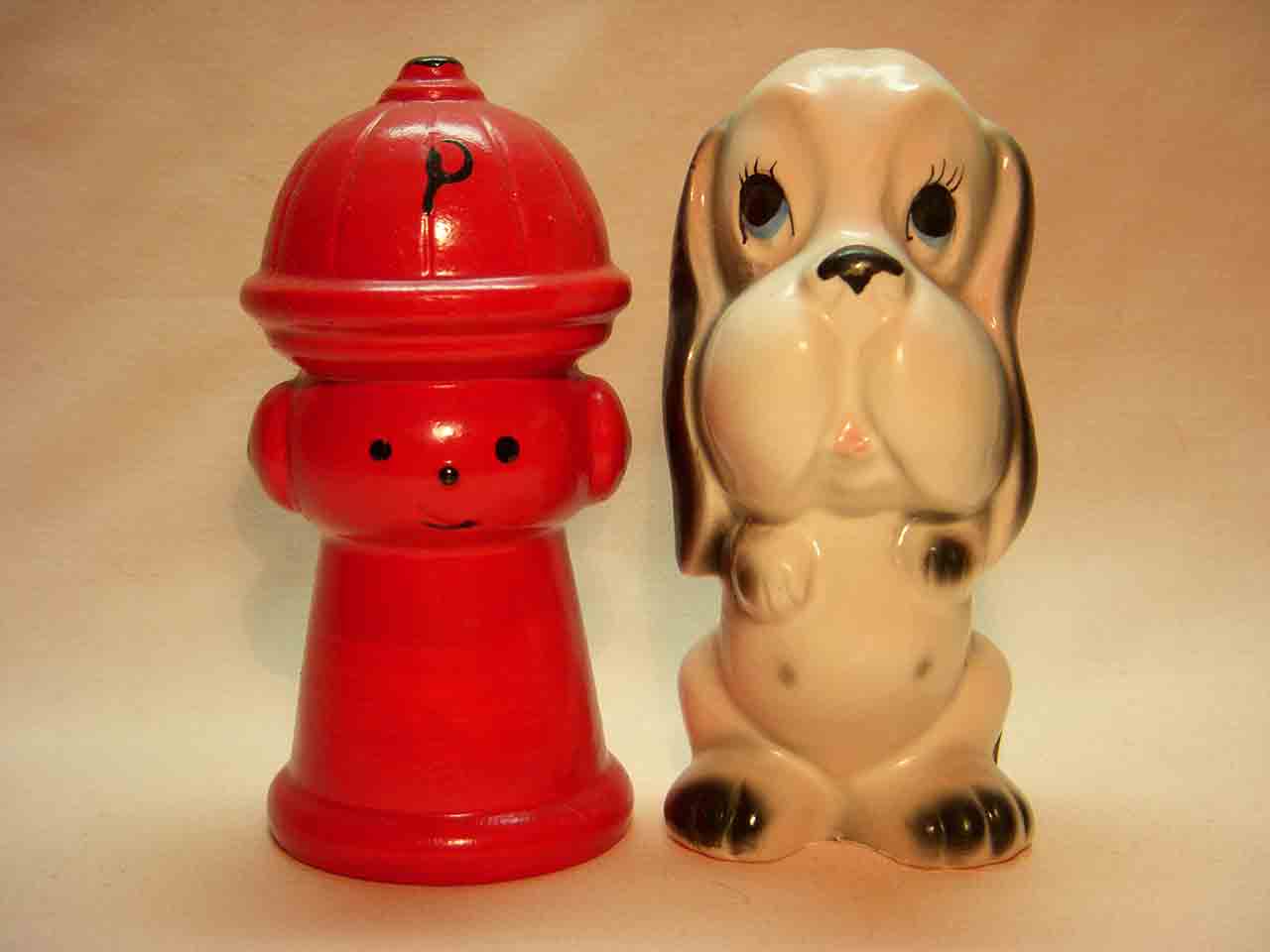 Dog with anthropomorphic fire hydrant salt and pepper shakers - Potty Break series