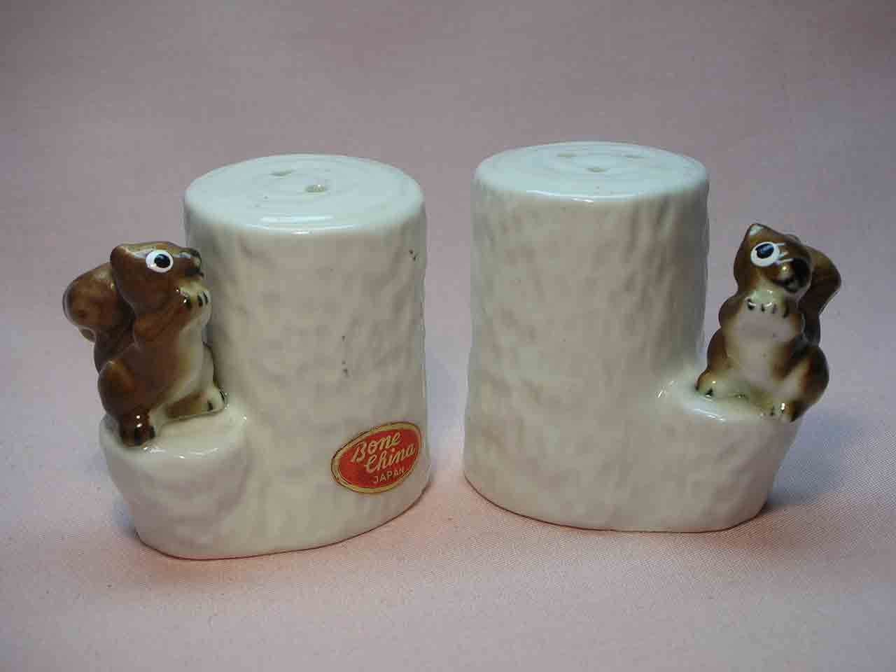 Bone China animals by white tree stumps salt and pepper shakers - squirrels