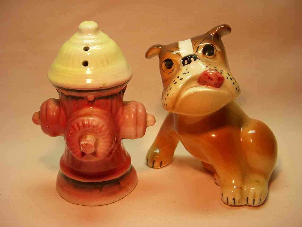 Vintage bulldog with fire hydrant salt and pepper shakers