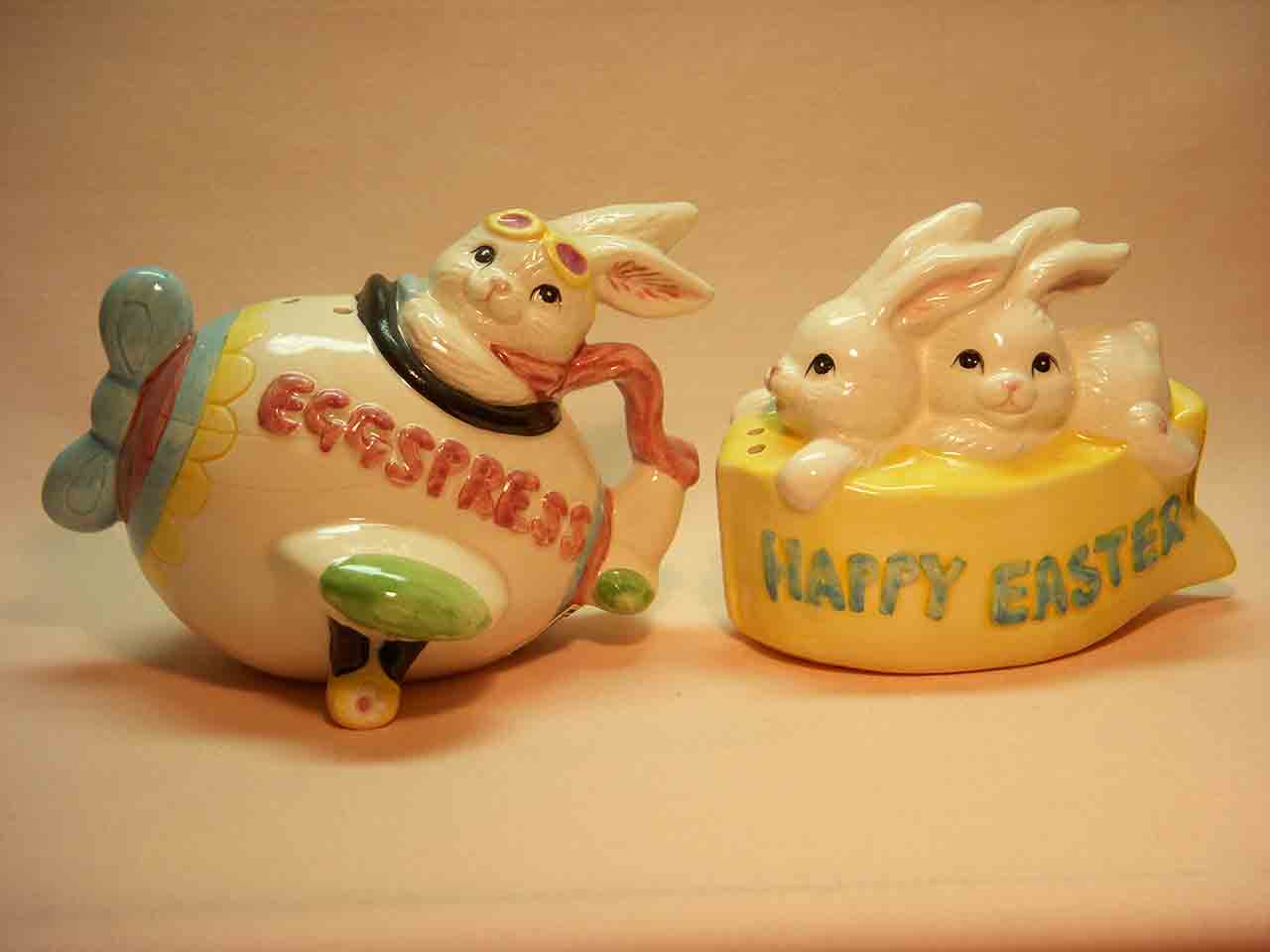 Easter bunny rabbits in holiday vehicles salt and pepper shakers series