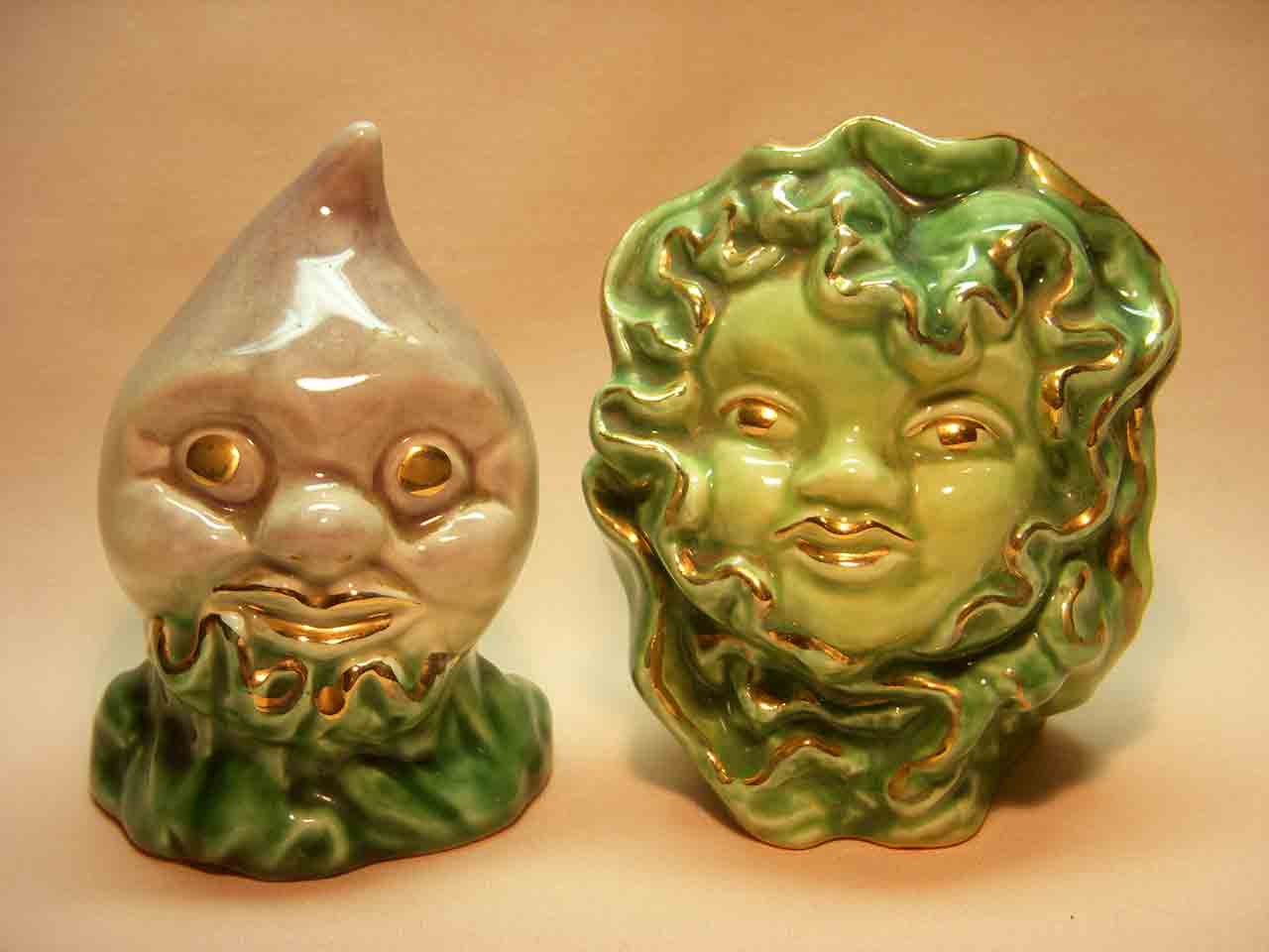 Vallona Starr anthropomorphic turnip and lettuce salt and pepper shakers