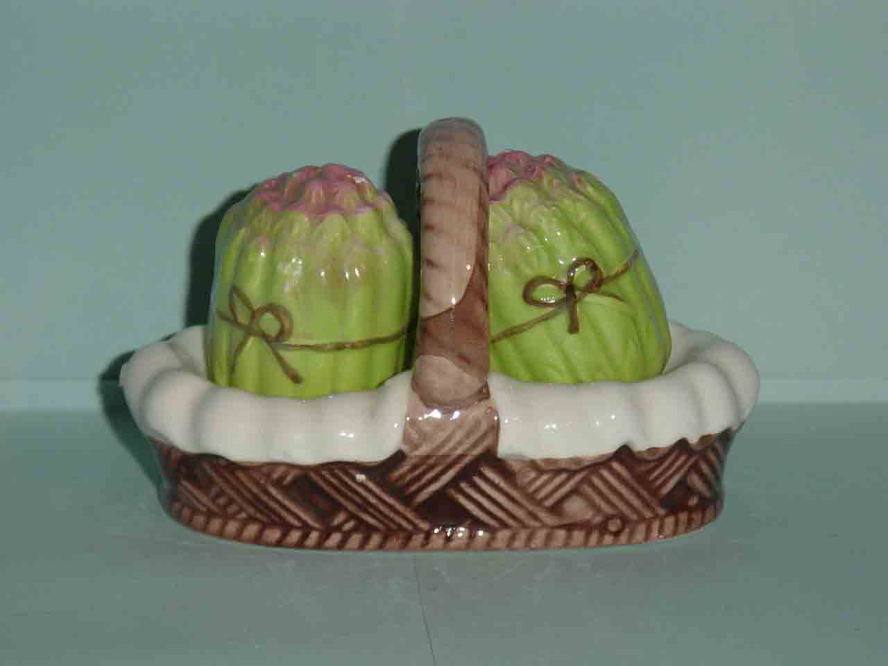 Vegetables in ceramic baskets salt and pepper shakers - asparagus