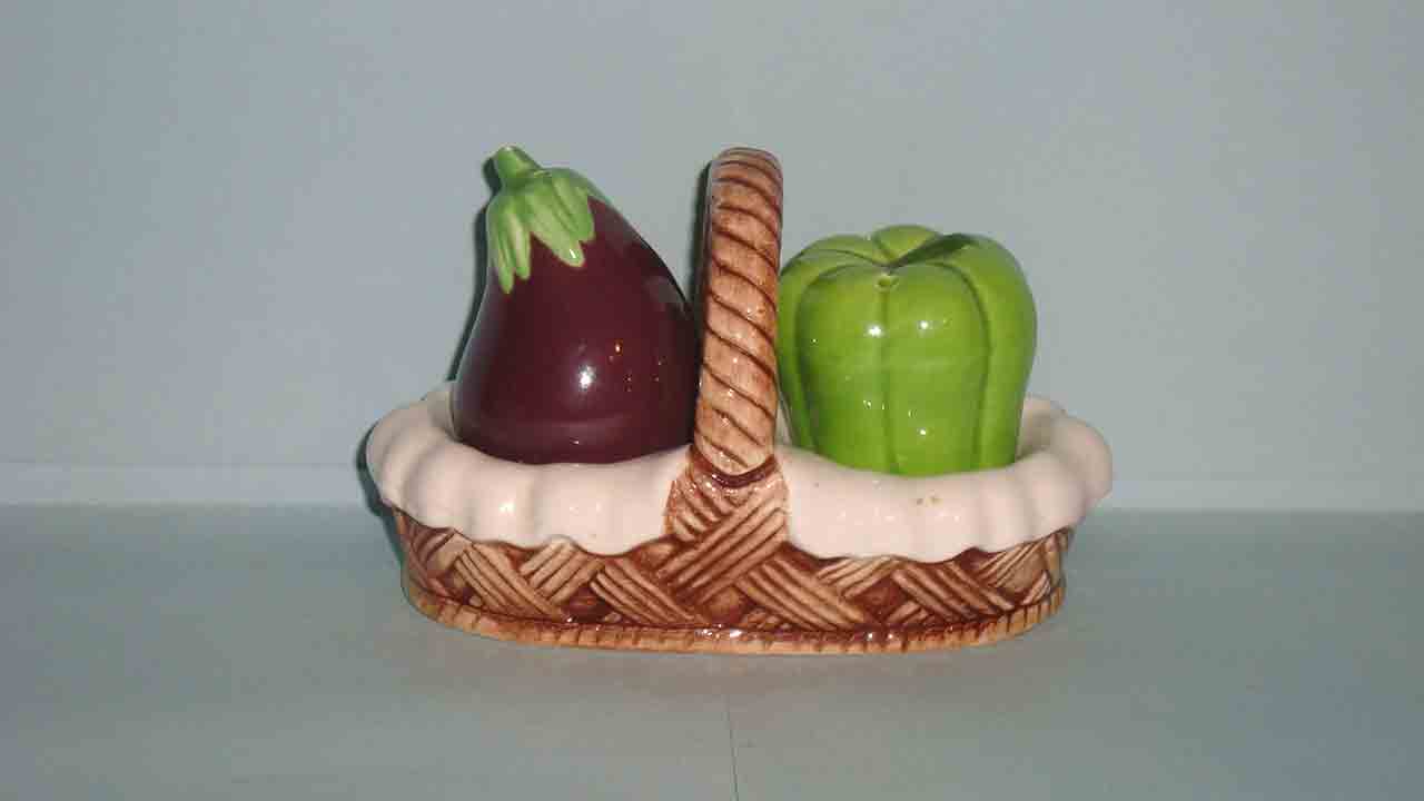 Vegetable in ceramic baskets salt and pepper shakers - eggplant and pepper